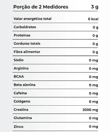 Tabela Creatina Growth